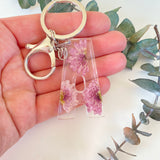 Pink Chrysanthemum initial flower confetti key ring