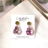 Small tear drop resin dangle, flower confetti, gold top