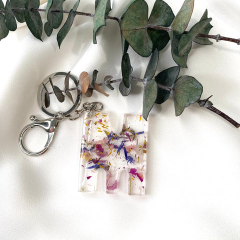 Large initial flower confetti key ring