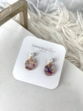 Oval flower confetti dangles with gold pearl studs top