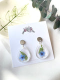 Silver stud top petite tear drop forget me not flower resin dangle