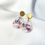 Small tear drop resin dangle, flower confetti, gold top