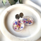 Small round flower confetti resin dangle with silver stud