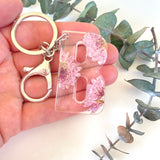 Pink Chrysanthemum initial flower confetti key ring
