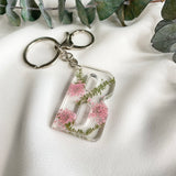 Pink Queen Anne’s Lace initial flower confetti key ring