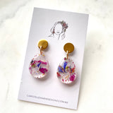 Small tear drop resin dangle, flower confetti, gold top
