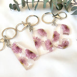 Pink Chrysanthemum initial flower confetti key ring