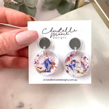 Small round flower confetti resin dangle with silver stud
