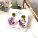 Small round flower confetti resin dangle with gold stud